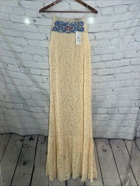 Ollari Cream Lace Maxi Dress with Blue Embroidered Yoke Size Large Brand New